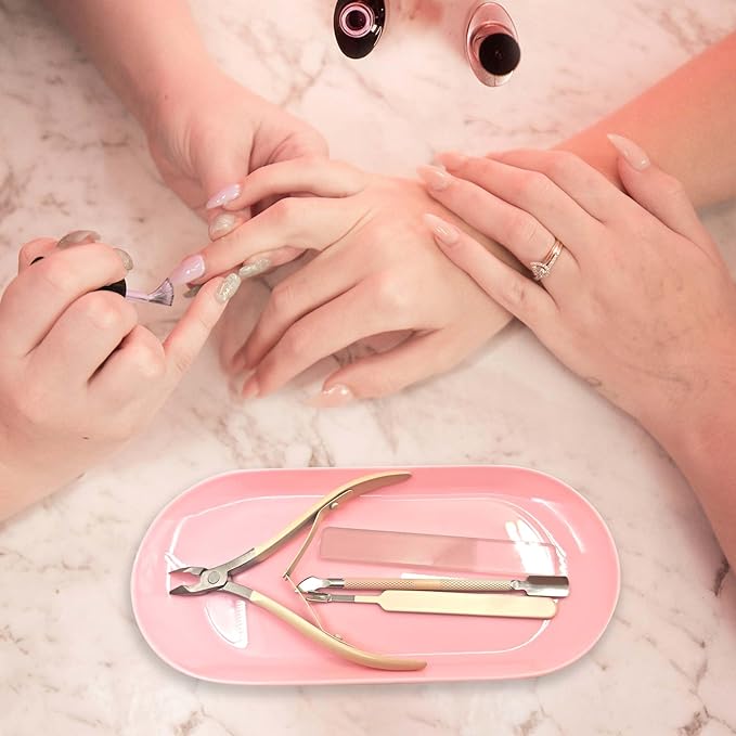 9" Nail Tools Tray Pink Manicure Accessory Storage Display Tray Jewelry Rhinestone Dish Cosmetics Organizer Oval Nail Art Decorative Small Storage Plate
