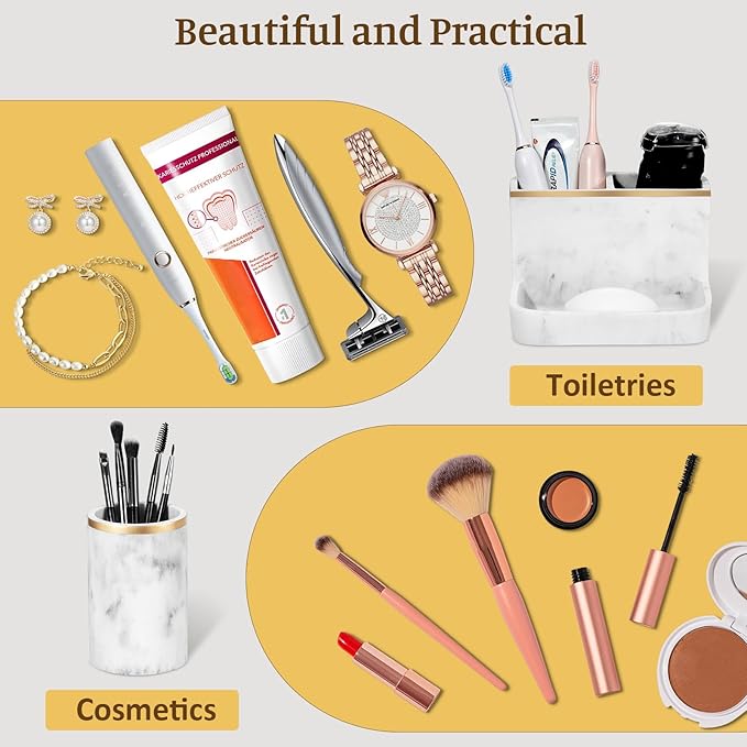 Shinowa Bathroom Accessories Set, Marble Look Toothbrush Holder and Soap Dispenser Set, Bathroom Countertop Décor Sets with Lotion Dispenser Soap Pump, Tumbler, Bathroom Organizer Accessories