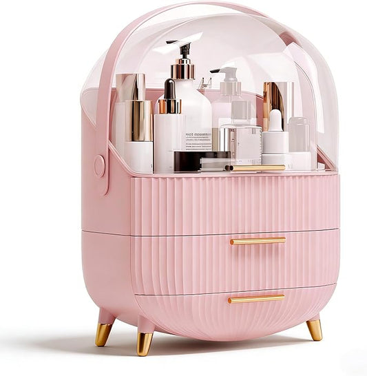 Makeup Organizer for Vanity Cosmetics Skincare Organizers with Lid and Drawers Display Cases for Countertop (Pink) | for Vanity, Organizers, with Lid, and Drawers, for Countertop