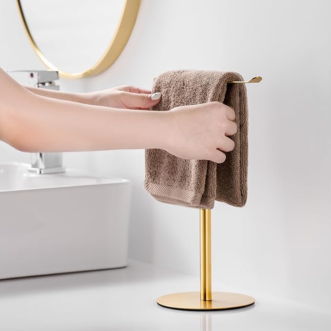 Gold Hand Towel Holder Stand ?€? Countertop T-Shaped Stainless Steel Towel Rack with Non-Slip Base for Vanity and Kitchen
