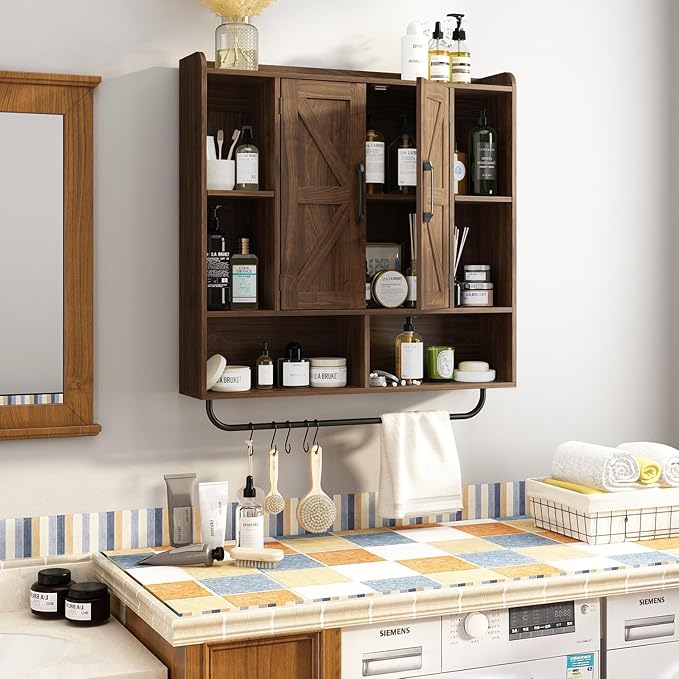 RUSTOWN Rustic Wood Wall Bathroom Cabinet, Farmhouse Medicine Cabinet Wall Mounted, Space Saving Wall Storage Cabinet with 2 Barn Door, 3-Tier Adjustable Shelves and Towel Bar(Dark Walnut)