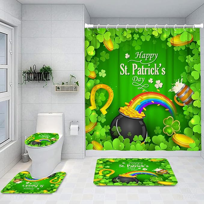 Ansouyi 4Pcs Bathroom Shower Curtain Sets with Non-Slip Rugs, Toilet Lid Cover and Bath Mat, St Patricks Day with Clover Leaf Rainbow Durable Waterproof Shower Curtain for Bathroom Set, 72x72 Inch