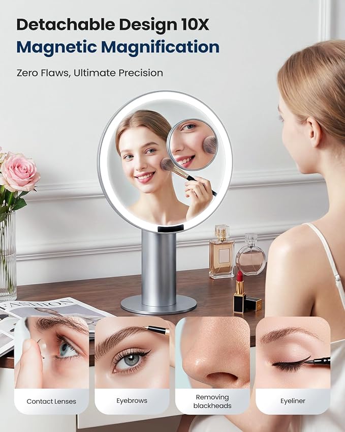 SJZX Silver Lighted Makeup Mirror with Travel Case & 10X Magnification, Rechargeable Vanity Mirror with Lights, 70 LED 3CCT Lighting, Portable Mirror for Desk & Travel, Gift for Women Wife Girlfiend