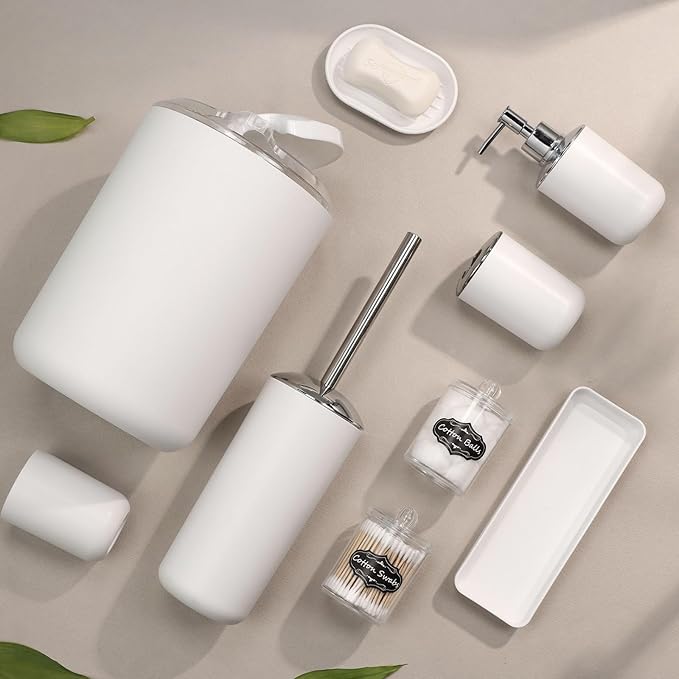 IMAVO Bathroom Accessories Set,White Bathroom Set,9 Pieces Bathroom Accessory Set,Tray,Qtip Holders,Toilet Brush,Trash Can for Bathroom Décor and Home Gifts