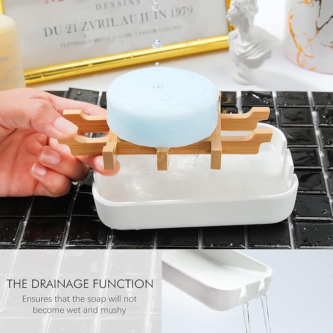 Soap Dishes for Bar Soap,2Pcs/Set Bathroom Soap Holder, Bamboo Soap Dishes Holder for Bathroom Shower, Sink Soap Dish, White&Black Soap Tray（White&Black）