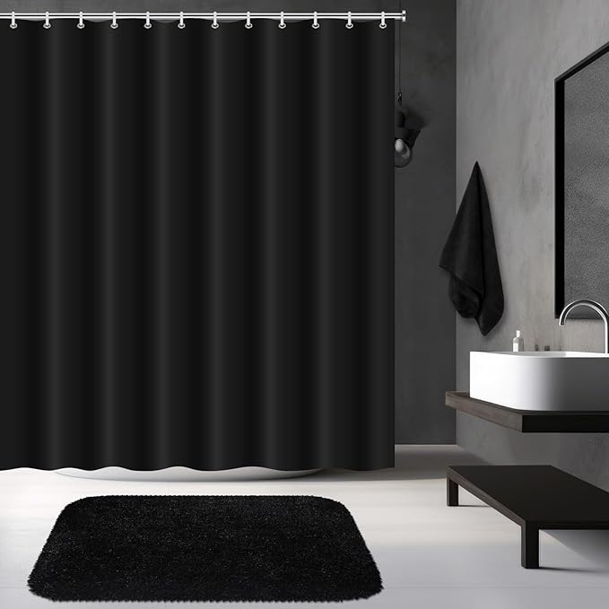 Fanfanwin 3 Pcs Bathroom Curtain Sets with Shower Rug and Towel Waterproof Shower Curtain Non Slip Bathroom Rug Bath Mat Soft Hand Towel with 12 Hooks for Hotel Decor(Black)