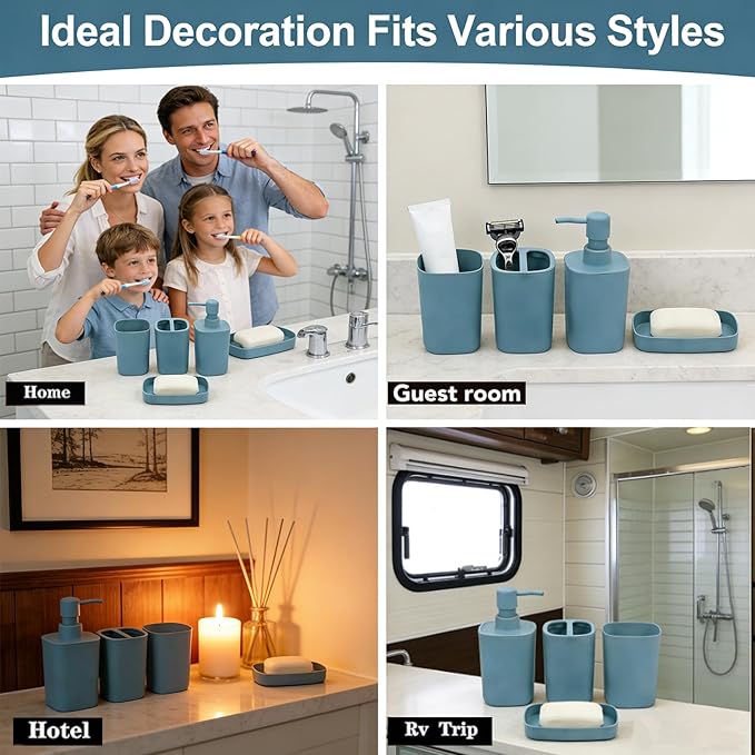 4 Piece Bathroom Accessories Set, Plastic Bathroom Accessory Set- Square Toothbrush Holder Set, Soap Dispenser, Toothbrush Holder, Mouthwash Cup, Soap Dish, Boho Modern Decor for Home, Blue