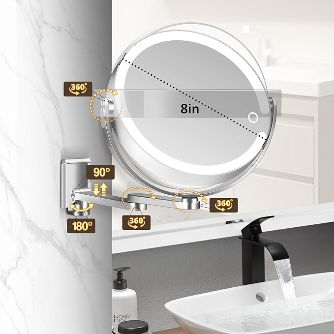 MOMOKUBA Wall Mounted Makeup Mirror, Aluminum Alloy Magnifying Mirror with Light 20X/1X Double-Sided, Height Adjustable, 3 Colors Led Vanity Mirror with Lights, Moisture & Corrosion Resistant Bathroom
