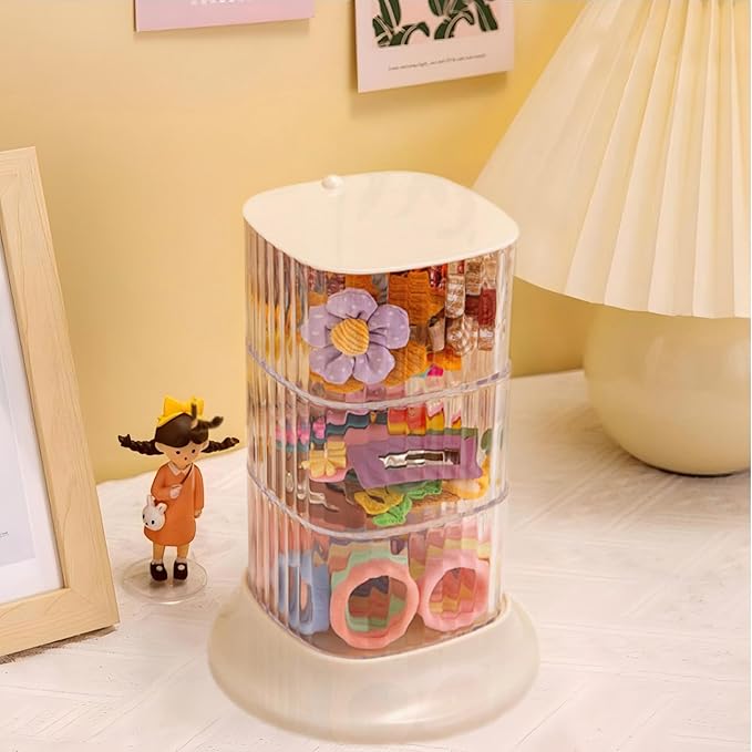 Hair Accessory Organizer, 3-Layer Rotating Clear Hair Tie Organizer for Hair Clips, Headbands, Hair Ties, Earring, Necklace, Ring, Jewelry Boxes & Organizers for Girls & Women (3-Layer???White)