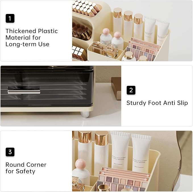 Makeup Organizer for Vanity with Brush Holder, Countertop Skincare Organizer with 2 Drawers, Spacious Cosmetic Display Case for Perfumes, Eyeshadow Palettes, Nail Polishes