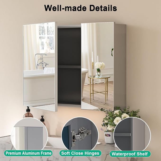 24x32 Inch Bathroom Medicine Cabinet with Mirror, Pre-Assembled Bathroom Medicine Cabinets, Surface/Recessed Wall Mounted Farmhouse Large Medicine Cabinet, Sliver
