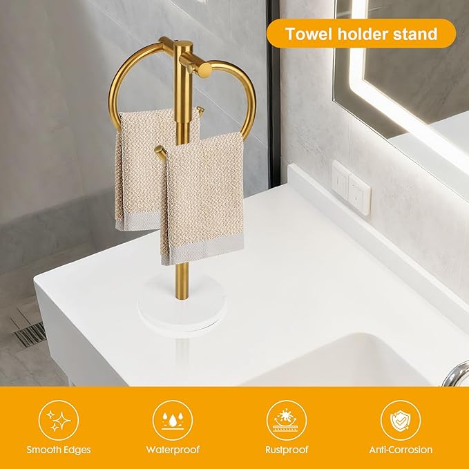 19 inch Brushed Gold Double Towel Holder Stand, Hand Towel Bar Bathroom Vanity Countertop Towel Holder Free Standing,Towel Ring Hardware Accessories Towel Rack