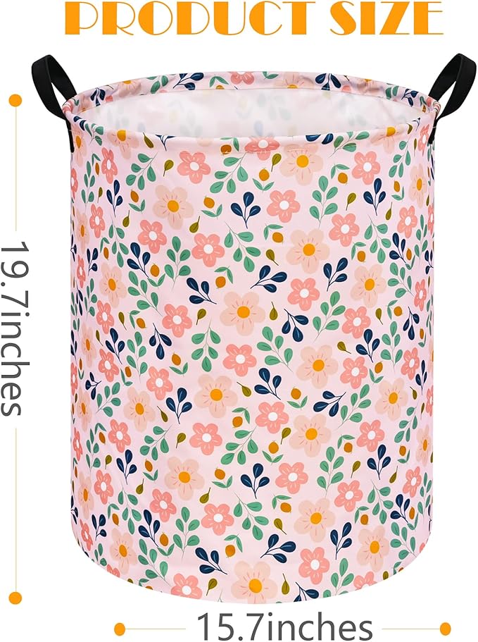 Kids Flower Hamper Storage Bins,Girls Room Decor Laundry Basket,Waterproof Clothes Organizer for Women Toy Box Large Canvas Collapsible Chest for Home/Dorm/Kitchen/Pet/Office/Closet/Shelf/Gifts