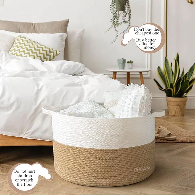 GOCAN Storage Baskets for Organizing D22"H14" Large blanket basket laundry basket Cotton Rope Woven Basket for toy towl in Living Room (Jute/Beige) XXXL