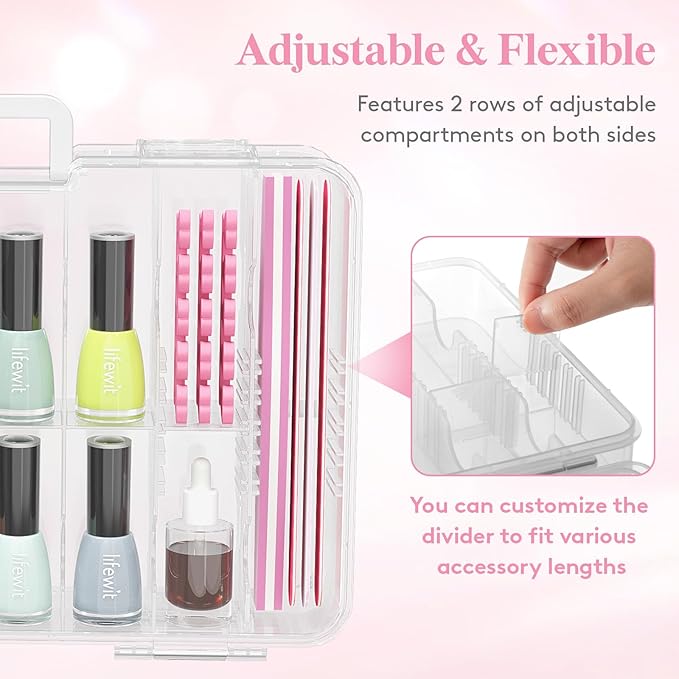 Lifewit Nail Polish Organizer Case for 36 Bottles with 8 Adjustable Sections, Portable Sturdy Gel Nail Polish Storage Holder with 4 Nail Separators, Clear, 33 × 8 × 20 cm/13 x 3 x 8 inch, 2 Pack
