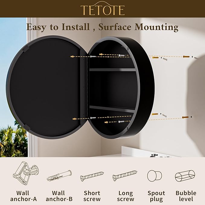 TETOTE 20 x 20 Inch Medicine Cabinet Mirror Black Framed Round Mirrored Medicine Cabinets for Bathroom Adjustable Shelves Modern Bathroom Mirror with Storage Wall Mounted