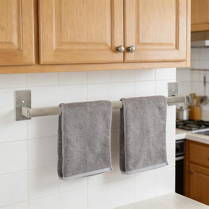 Bathroom Towel Bar Self Adhesive, No Drilling Towel Rack Easy to Install, Hand Towel Holder Made of Premium Stainless Steel Sticky on Hand Towel Hanger for Kitchen, Toilet.(24IN, Brushed)