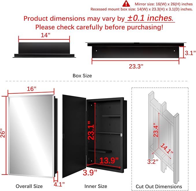 Fundin Black Medicine Cabinet Recessed or Surface Mount, Bathroom Medicine Cabinet with 16 x 26 Beveled Mirror and Adjustable Staggered Shelves