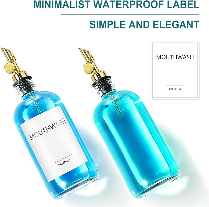 Mouthwash Dispenser for Bathroom, Glass Mouthwash Dispenser with Cup, Mouth Wash Container Bottle with Cup, Refillable Mouthwash Decanter, Clear,17oz,2 Pack