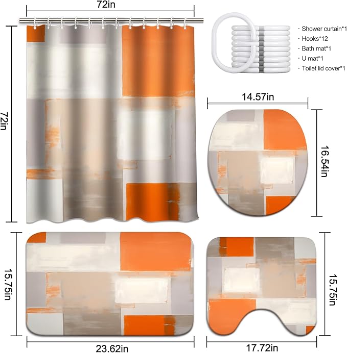 Lnond 4Pcs Bathroom Shower Curtain Sets with Rugs,Orange Brown Painting Art Bathroom Sets with Shower Curtain and Rugs and Accessories