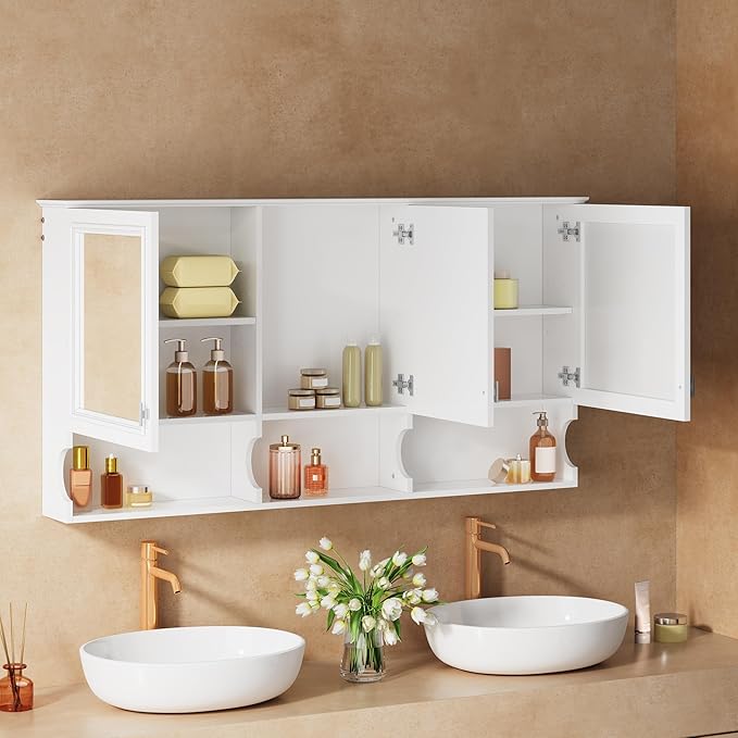 Virubi Bathroom Wall Cabinet with Mirror, Medicine Cabinet with 3 Doors and Adjustable Shelf, Space Saver Storage Cabinets Over The Toilet for Bathroom (55'' x 28.7'')