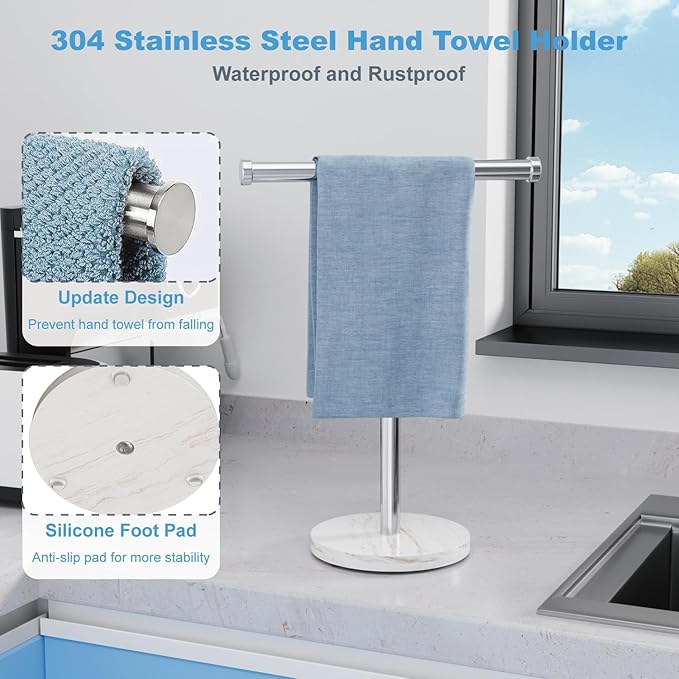Hand Towel Holder, T-Shape Freestanding Towel Stand with Heavy Marble Base, Stainless Steel Hand Towel Rack for Bathroom Vanity, Kitchen Countertop, Brushed Nickel