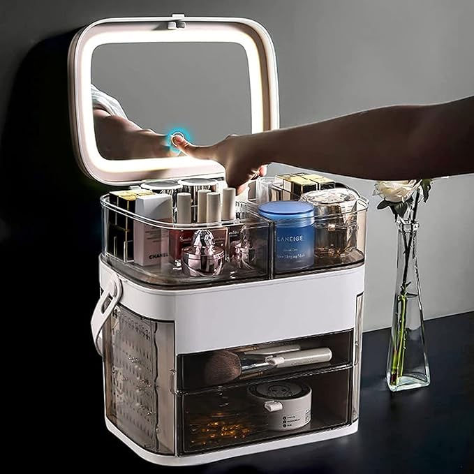 Makeup Storage Organizer Box with Fully Open Lid Drawers Handle Skincare Case elegant display cabinet for Bathroom Countertop and Bedroom Vanity Dresser