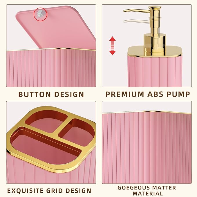 XLHOMO Bathroom Accessory Set - 26PC Bathroom Shower Curtain and Rug Set, Bathroom Accessories Set, Pink Bathroom Set with Trash Can, Toilet Brush, Qtip Holder & Soap Dispenser