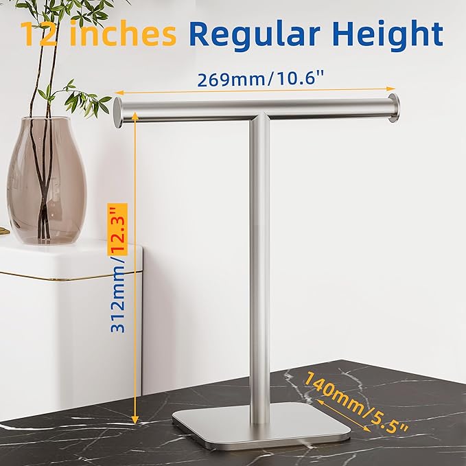 RUACQ T-Shape Hand Towel Holder Stand, 12inch Weighted Base Towel Rack, Countertop Towel Holder for Bathroom, 304 Stainless Steel, Heavy Duty (Brushed Nickel)