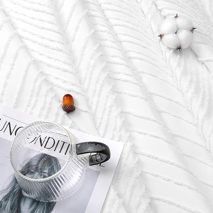 BTTN 60x72 Shower Curtain - 60 Inch Wide Boho Tufted Leaves Textured Striped Tassel Shower Curtain Set with 10 Plastic Hook, Modern Farmhouse Shabby Chic Minimalist Shower Curtains for bathroom, White
