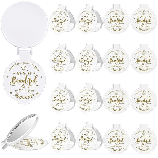 18 Pcs 2.76 Inch Inspirational Compact Mirror Bulk Women Small Gifts Graduation Party Favors Purse Mirror Pocket Mini Stuffer Items for Adult Coworker Cheerleader Employee (White)