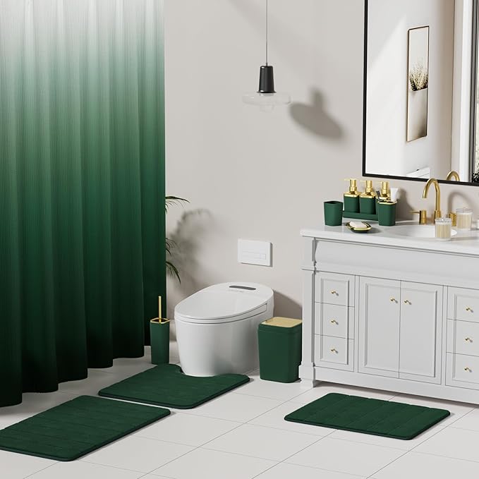 Bathroom Set - 27PC Bathroom Sets with Shower Curtain and Rugs, Green Bathroom Set, Green Bathroom Accessories Set with Push-lid Trash Can, Toilet Brush & Soap Dispensers
