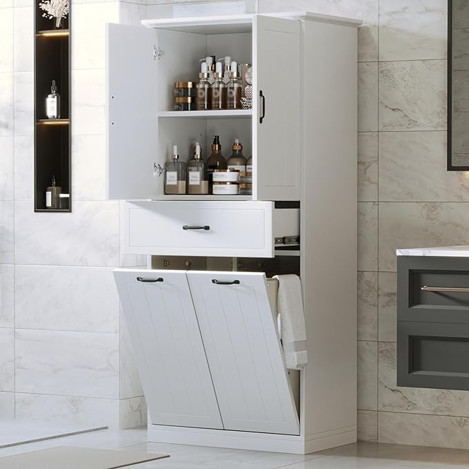 Virubi Tall Bathroom Storage Cabinet with 2 Tilt Out Laundry Hamper, Wood Bathroom Laundry Cabinet with Doors and Drawer for Home, Laundry Baskets, Adjustable Shelves, Freestanding