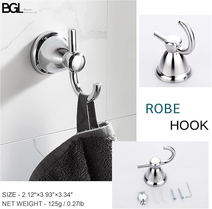 BGL 4-Piece Bathroom Accessory Set Chrome Bathroom Hardware Set 24 Inches Adjustable Towel Bar Towel Ring Paper Holder Robe Hook