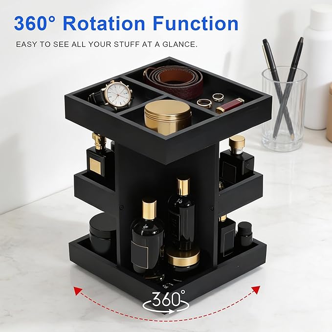 Top-spring Cologne Organizer for Men Men's Cologne Stand 360° Rotating Wood Perfume Organizer 3 Tier Wooden Perfume Shelf Display Holder for Dresser Desk Organizer, Black Organizador de Perfumes