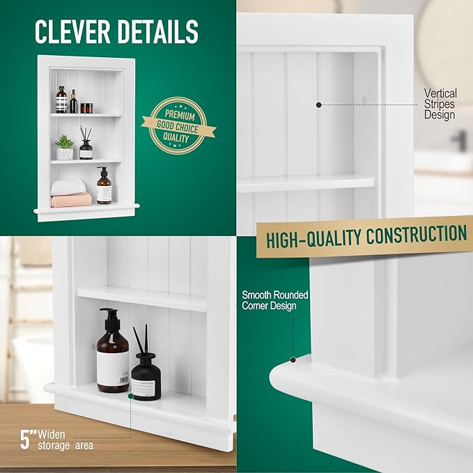 14 x 24 Medicine Cabinet Recessed, Wall Niche, Bathroom Wall Cabinet, 3-Tier, Between Studs Shelving for Drywall, White