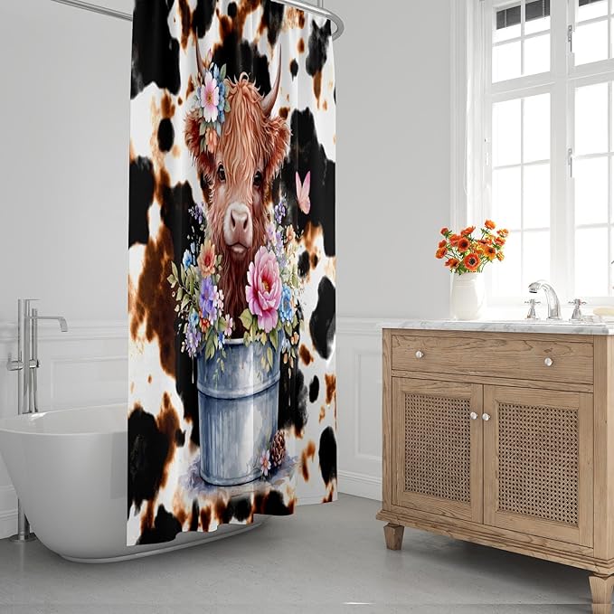 Pamnest 4 Pcs Shower Curtain Sets, Highland Cow Calf Retro Waterproof Bathroom Sets with Non-Slip Rugs, Toilet Lid Cover and Bath Mat, 12 Hooks, Accessories Modern Home Bathroom Decor 72" X 72"