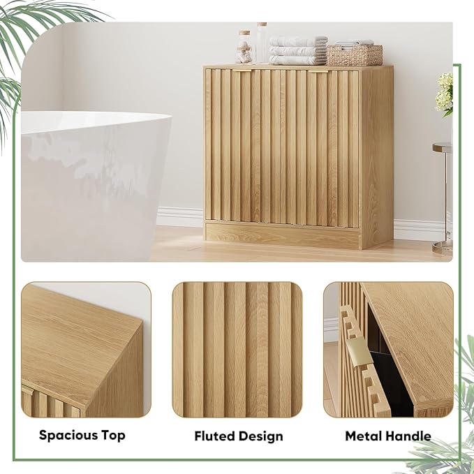 Smuxee Double Tilt Out Laundry Hamper Cabinet, Hidden Laundry Cabinet with Double Baskets, Natural Trash Can with Fluted Doors for Bathroom, Kitchen
