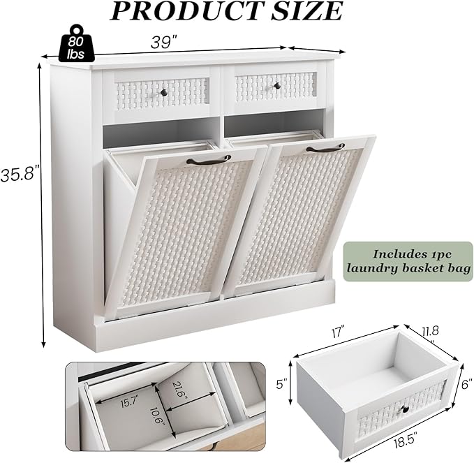 Double Tilt Out Laundry Hamper Cabinet, Rattan-Style Laundry Room Organization with Removable Laundry Basket, Hidden Wood Dirty Clothes Hamper with Drawers, 39" L x 13" W x 35.8" H, White