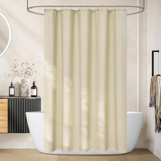 Heavyweight Beige Fabric Shower Curtain Short 60 x 66 inch, Water-Resistant Faux Linen Polyester Farmhouse Shower Curtain, Linen Look Small Bathroom Curtain for Rv Camper Trailer