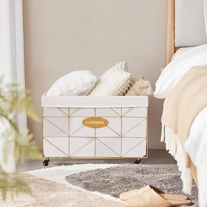 Mxfurhawa Laundry Hamper,Collapsible Laundry Basket Large Capacity Metal Laundry Hamper with Removable Liner, Rolling Wheels and Collapsible Design for Clothes Storage and Organization (160L GOLD)