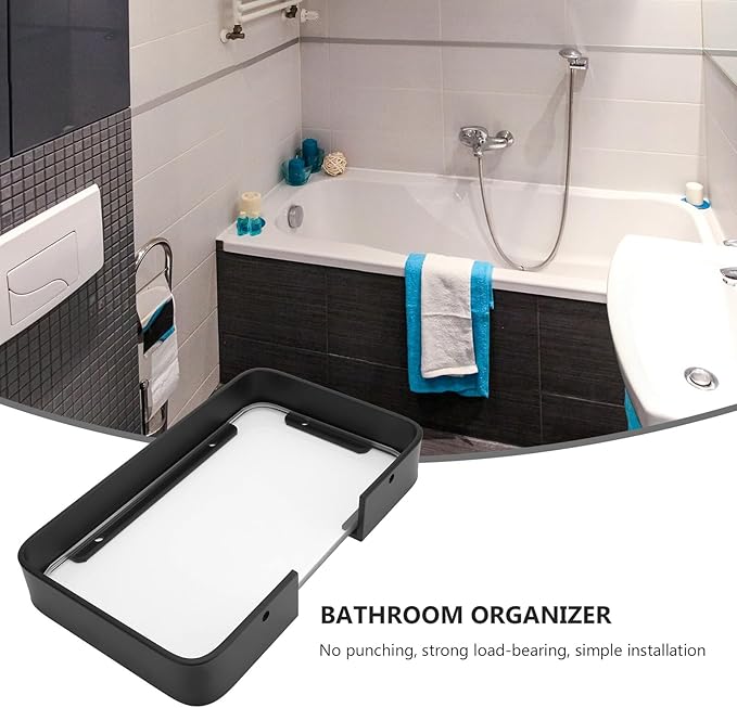 No-Drill Black Bathroom Glass Shelf Bracket Wall Mount Rack Organizer for Shampoo Cosmetics Storage Stylish Floating Corner Shelf for Toiletries Easy Installation Bathroom Wall
