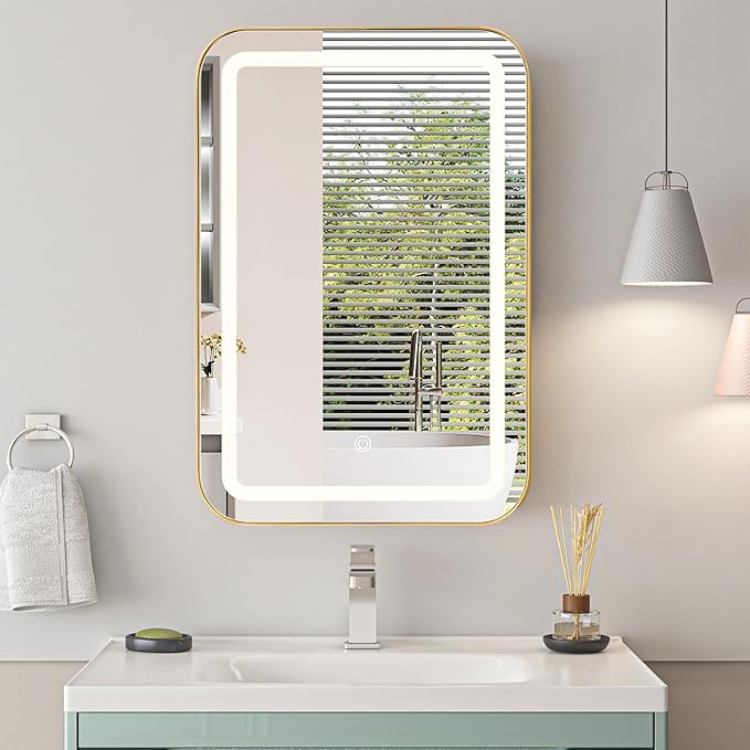 SogesHome Wall Mounted Mirror Medicine Cabinet 24"X16" with LED Lights, Rectangular Vanity Mirror Storage with Shelves, Modern Recessed Mirror Medicine Cabinet for Bathroom, Bedroom, Gold
