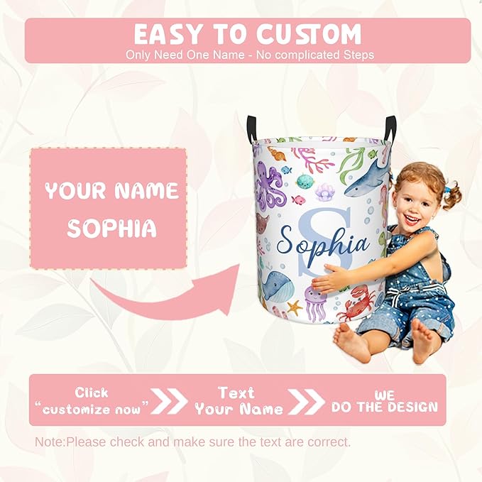 Custom Sea Animal Laundry Baskets, Personalized Ocean Themed Gifts with Customized Name, Collapsible Laundry Hamper for Kids Adults Home Decoration,16.5 X 13.8in