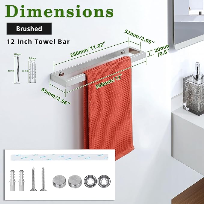 Alise Hand Towel Holder,12 Inch Towel Bar for Bathroom,Towel Racks for Lavatory,Wall Mount Towel Hanger,SUS304 Stainless Steel Towel Rail,Brushed Finish