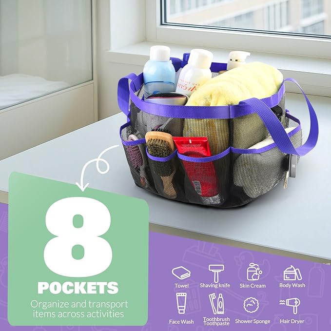 LOYEE Mesh Shower Caddy Portable for College Dorm Room Essentials with 8 Pockets, Shower Bag for Beach, Swimming, Gym, Travel, Bathroom(Purple)