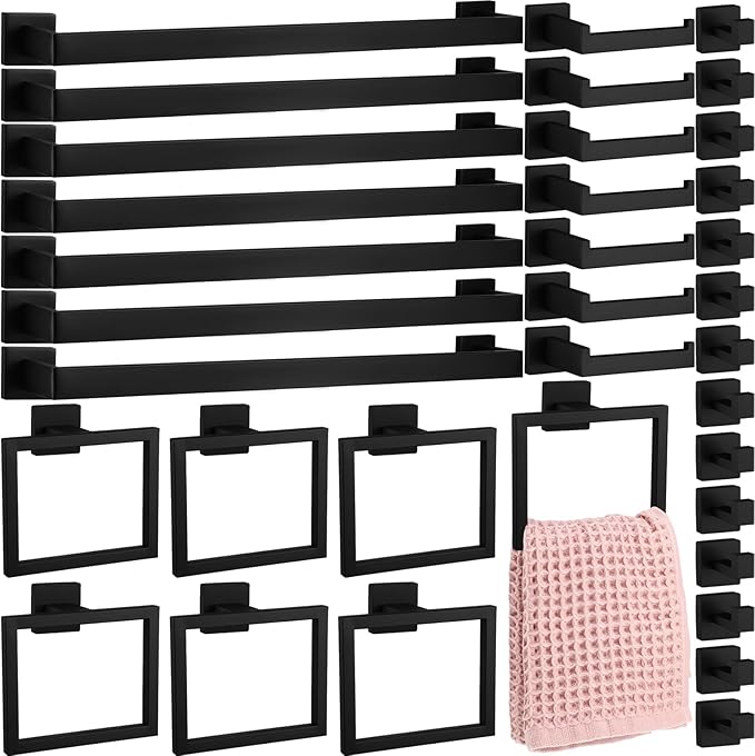Gisafai 35 Pcs Black Bathroom Hardware Accessories Set 23.6 Inch Bath Towel Bar Kit Stainless Steel Bathroom Hardware Set Towel Racks Ring Robe Hooks Paper Holder for Wall Mounted