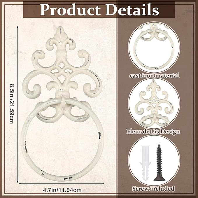 1 Pcs White Vintage Cast Iron Solid Towel Ring Fleur De Lis Design Antique Towel Holder for Bathroom Kitchen Accessories Wall Mounted Christmas Party Gifts