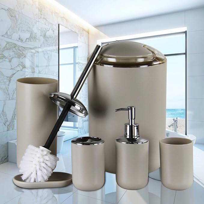 IMAVO Bathroom Accessories Set,Apricot Bathroom Set,7 Pieces Bathroom Accessory Set,Tray,Toilet Brush,Trash Can for Bathroom Décor and Housewarming Gifts