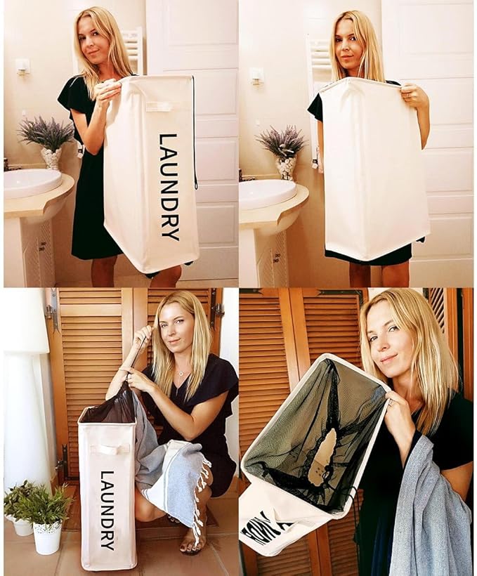 ZERO JET LAG 52L Large Slim Rolling On Wheels Laundry Hamper Tall Dirty Clothes Storage Basket Standable Corner Handy Bin Hamper Basket 15×8×22" (22 Inches, Printed Beige)